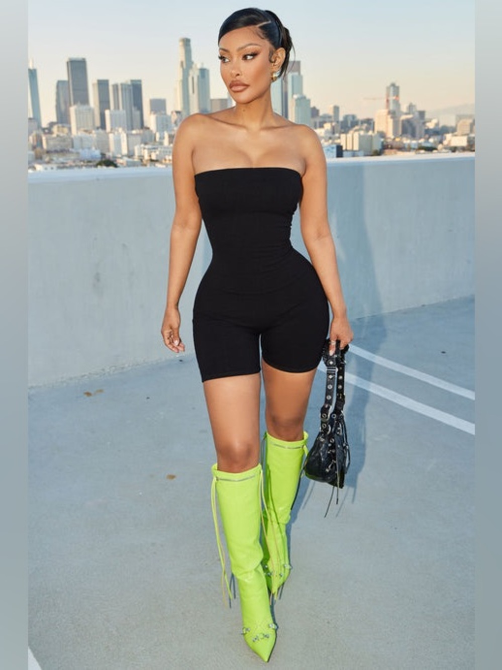 Naked wardrobe Black Strapless Snatched Romper Shorts